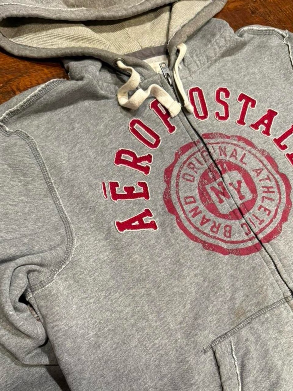 Y2K Aeropostale Logo Distressed Grey Zip Up Hoodie - Picture 3 of 6